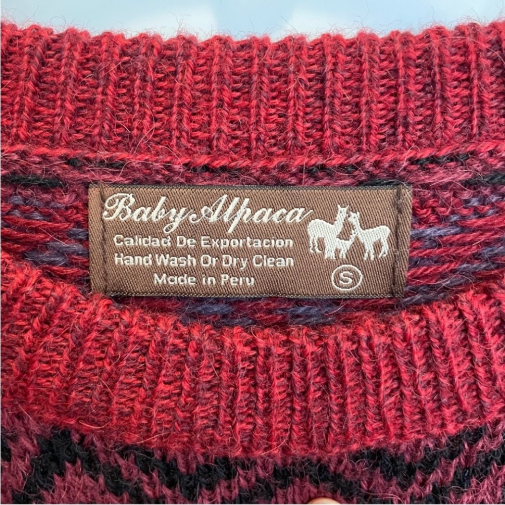 Vintage Baby Alpaca Fair Isle Sweater Cranberry Red Multicolor Men’s Size Small - Picture 3 of 15